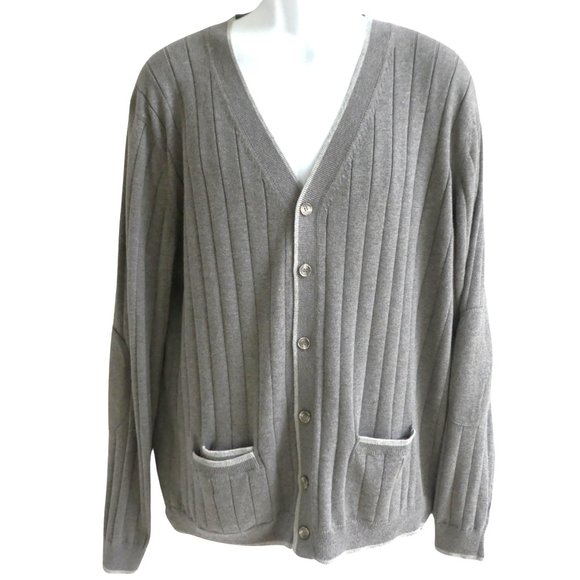 Hickey Freeman Grey Ribbed Cardigan Cotton Silk Blend Elbow Patches Pockets XL - Picture 4 of 8